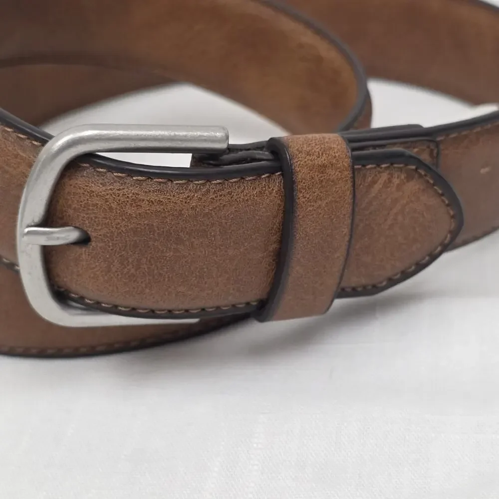 Brown Faux Leather Belt Silver Tone Buckle Men's Med Casual